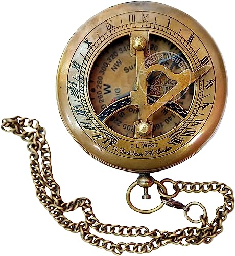 Brújula de brújula de sol de latón con estuche de cuero y cadena miniatura 2