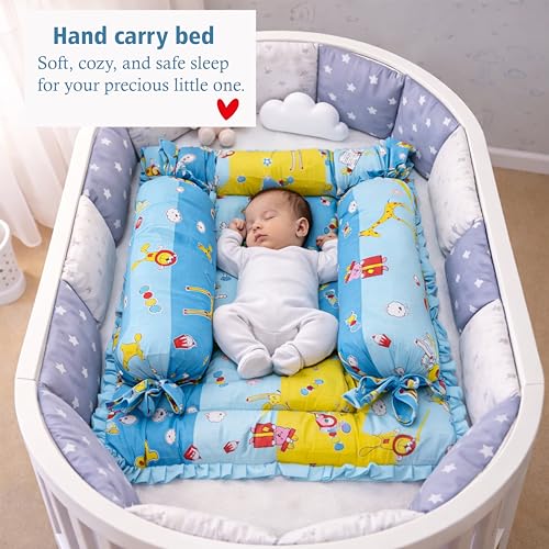 Image of Fareto Combo of Baby Bed with Net | Carry Bag | 4 Pcs Bedding Set (0-6 Months, Baby Size, Cotton) (Blue Giffi)