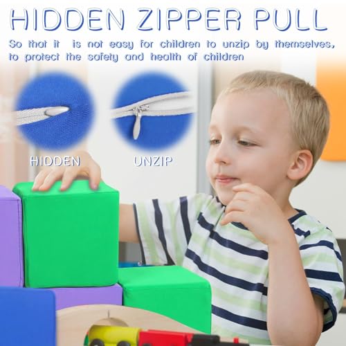 Image of Toddler Foam Buliding Blocks - 12 Piece Fabric Covered in 2 Sizes Stacking Block Sets - Colourful Soft Play Set for Kids Idea for Building and Throwing Fun-Blue