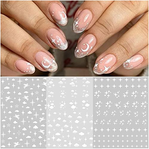 8 Sheets Cute Nail Art Stickers White Clouds 3D Self-Adhesive Nail Decals Colorful Cloud Stars Moon Heart Sparkles Nail Art Design Diy Nail Supplies For Women Acrylic Nails Decoration Accessories #TOP4