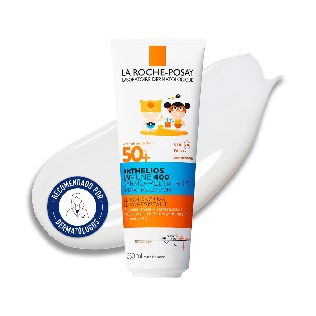 La Roche Posay Protector Solar para Niños, Leche Corporal Hidratante en Tubo de Cartón, Fotoprotección SPF50+, Resistente al Agua, Sudor y Arena, Nuevo Anthelios UV-MUNE 400 Dermo-Pediatría, 250 ml