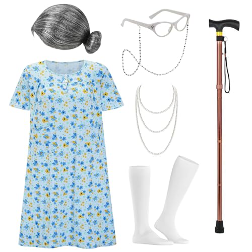 LIHELEI Old Lady Costume for Women Adult 100 Days of School Adult 100 Days of School Costume Grandma Dress Up Costume Accessories