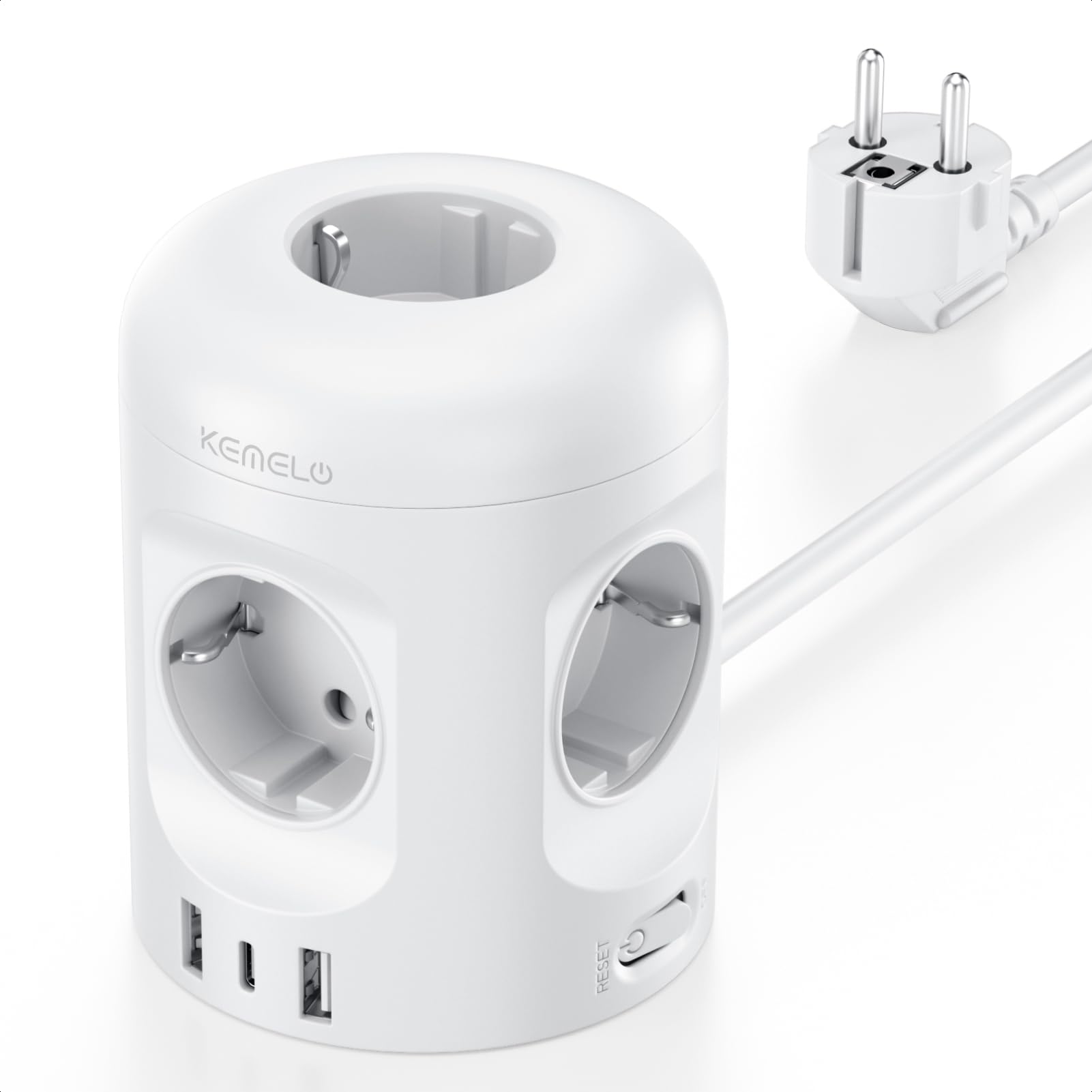 8 in 1 Steckdosenwürfel mit USB, Mehrfachsteckdose Würfel mit Schalter 5fach, Steckdosenleiste mit 3 USB, Mehrfachstecker mit Schalter, 2M Verlängerungskabe für Büro/Zuhause/Reisen,Weiß