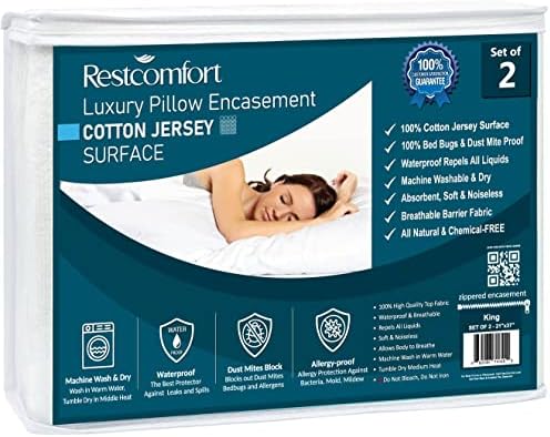 Rest Comfort Set of 2 Cotton Jersey Zippered Pillow Protector - Waterproof, Allergen Proof, Bed Bug Proof Protection - Hypoallergenic Breathable & Quite (King (20” x 36”))