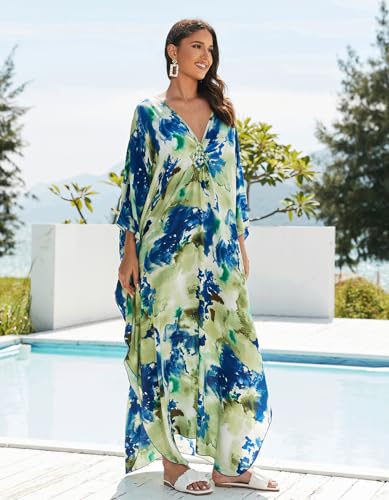 Women’s Floral Print 3/4 Sleeve V-Neck Kaftan Dress - Plus Size Beach Bathing Suit Swim Cover-Up2