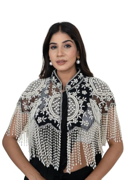 Black and White Pearl Cape for Women Elegant Designer Dual Tone Pearl Embellished Shrug Party Wedding Fashion Cape Overlay Indo Western Stylish-image-39