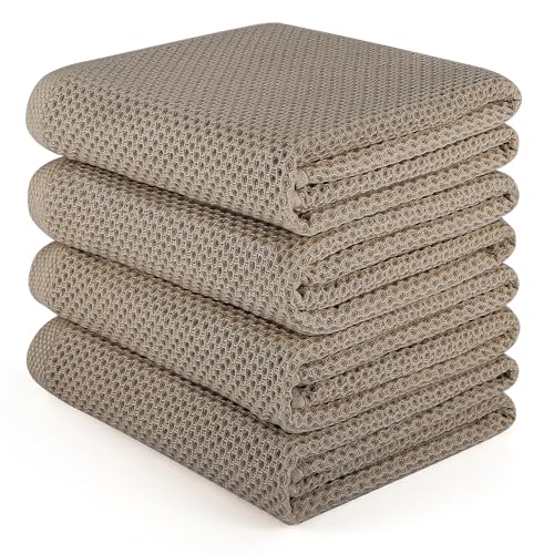 HOMYTOP Large Kitchen Hand Towels,Cotton Waffle Weave Dish Towel for Drying, Cleaning Cloth for Kitchen Dishes - Extra Absorbent and Soft - 16 x 28 inch (Brown-4 Pack)