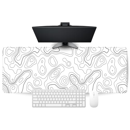 Image of White Abstract Contour Line Extended Desk Mat (305 x 813 mm) - 3mm Thick Premium Rubber Base Mouse Pad for Office, Gaming & Work Setup