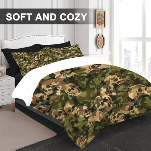 Image of Green Camo Comforter Set King: 1 Comforter 2 Pillowcases, Camouflage Skull Bedding Set for Boys Adults Men, Army Hunting Gothic Skeleton Quilt Bedroom Decor