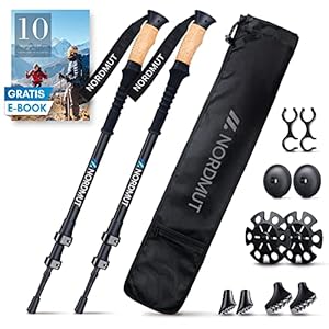 NORDMUT® Wanderstöcke Teleskop | Nordic Walking Stöcke Damen und Herren | Ultraleichte Trekkingstöcke [mit Gummipuffer-Set] verstellbar mit Echt Kork Griff