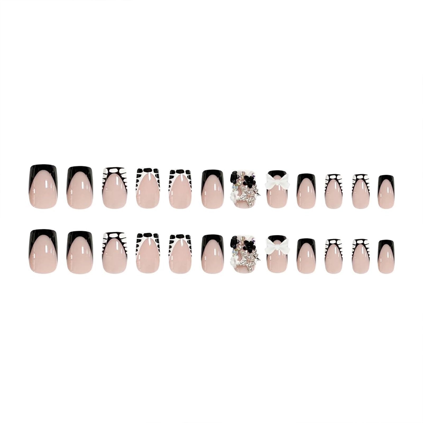 GlamRays French Tip Press on Nails Short Square False Nails with Bow Charm Design Black White Zebra Pattern False Nails Cute Little Flowers 24 Pieces - Image 4