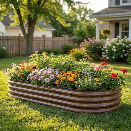 Image of SnugNiture 2 Pcs 6x3x1ft Oval Metal Raised Garden Bed for Vegetables, Brown | Protective rubber edging strips thickened corrugated galvanized steel