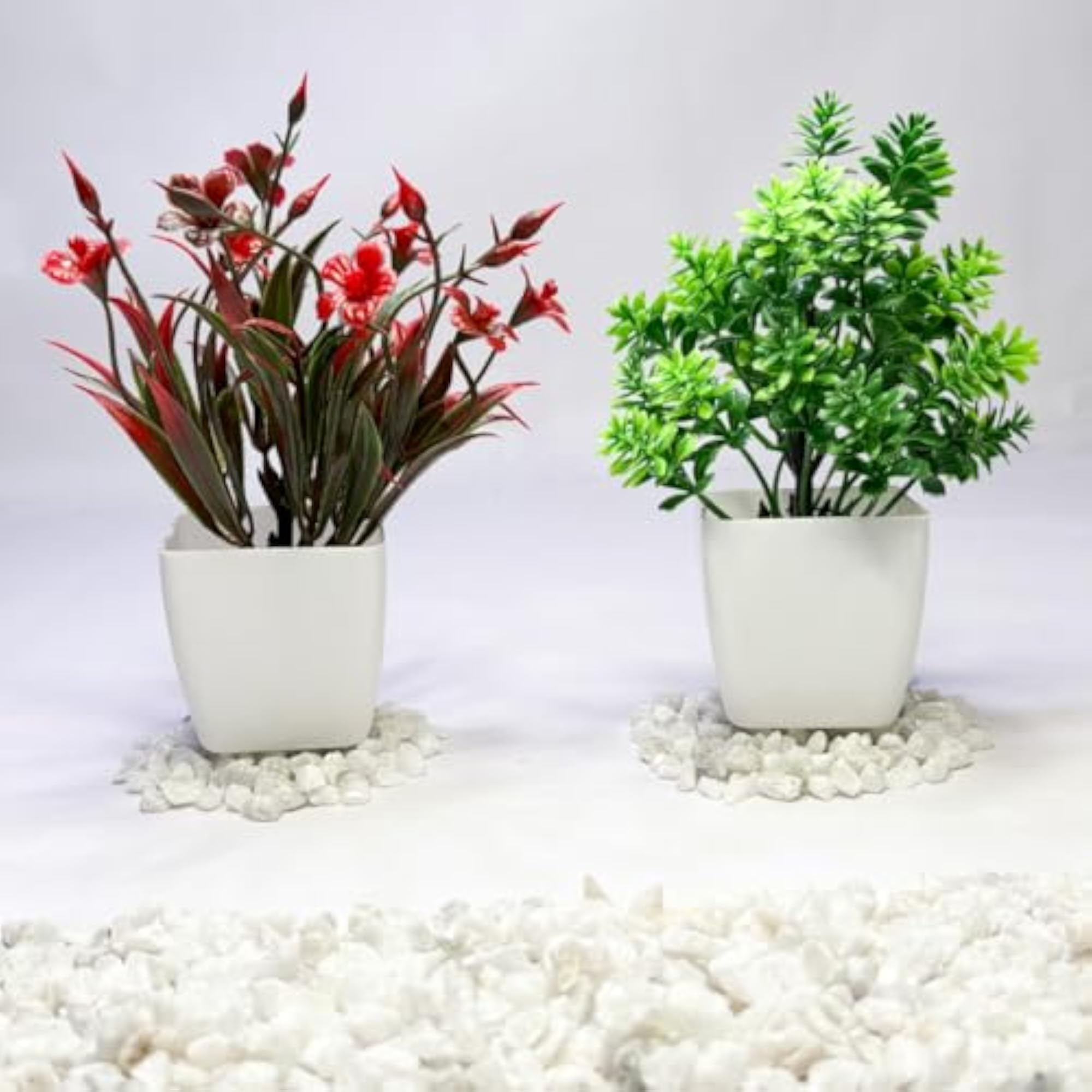 Artificial Flower & Plant Set with White Pots, Decorative Gift