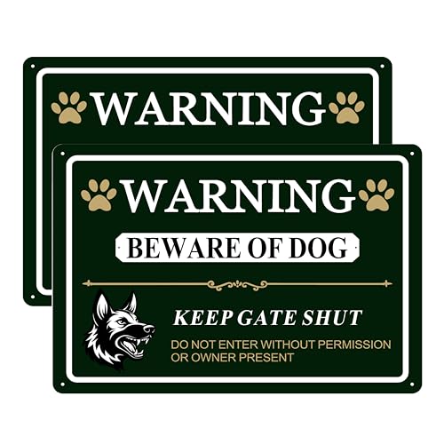 Poicrm Large Beware of Dog Sign Keep Gate Shut Do Not Enter Signs 14x10.04Metal Heavy Duty Wall Decor Reflective Aluminum UV Ink Printing Weatherproof for Indoor/Outdoor with Easy Mount 2 Pack