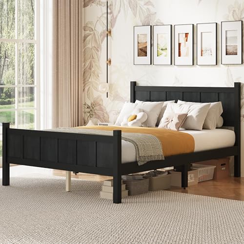 Image of Full Size Vintage Bed Frame with Headboard, Farmhouse Wooden Platform Bed with Under-Bed Storage, Minimalist Modern Wood Grain Finish Bedframe for Bedroom (Black)