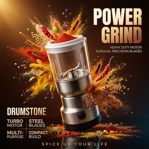 Image of Drumstone Big Electric Grinder for Kitchen | Heavy Duty Multipurpose Dry Grinder with Stainless Steel Blades & Powerful Motor | Spice, Masala, Coffee Bean & Grain Grinding Machine | Silver