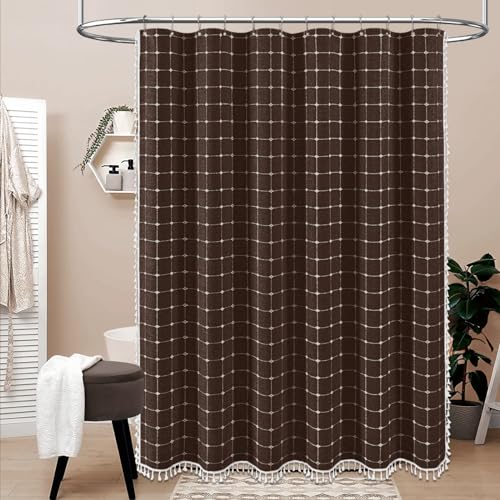 Image of BTTN Extra Long Shower Curtain - 72x96 Inch Long Boho Chic Linen Fabric Heavy Duty Shower Curtain Set with Hooks, Tall Bohemian Farmhouse Shabby Chic Tassel Cloth Shower Curtains for Bathroom - Brown