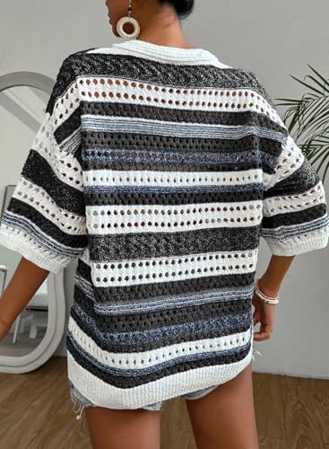 Image of Acelitt Crochet Tops for Women Summer Short Sleeve Sweater | Boho Striped Knit Top, 3 /4 Sleeve, Hollow Out Oversized Sweaters, Lightweight Blouses, Spring Fall Outfits for Beach Vacation