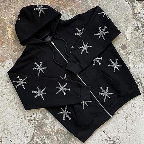 Hoodie Gothic Skull Cage Pattern zippé avec strass brillants