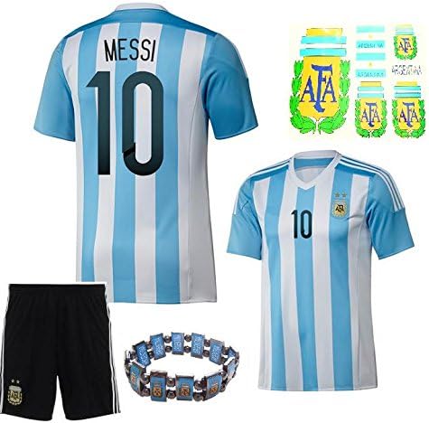 Messi argentina home soccer jersey 10 gift set includes jersey shorts  large sticker amp bracelet -size youth large fit age 9-12