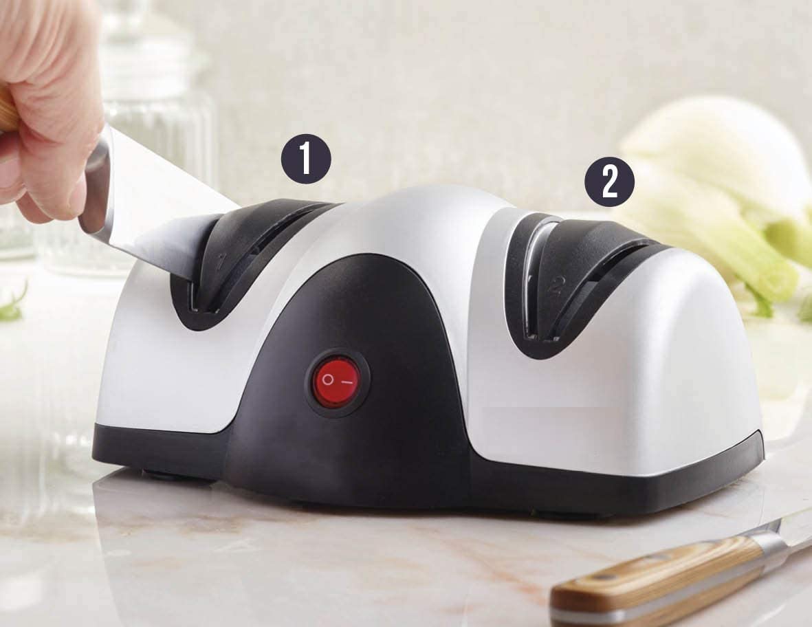 Affilacoltelli Elettrico Affilatrice per coltelli con potenza massima 60 W 2 in 1 Affila e Lucida Rivestimento in gomma antiscivolo Adatto per lame in acciaio e ceramica