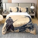 jejeloiu Japanese Samurai Wave 100% Cotton Duvet Cover King Size Kids Ocean Wave Bushido Comforter Cover Set for Boys Girls Teens Warrior Japanese Ukiyoe Bedding Set Sea Waves Bedspread Cover