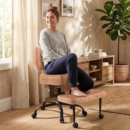 Image of Ergonomic Criss Cross Legged Office Chair, ADHD Chair, 360 Swivel Meditation Kneeling Chair with Wheels, Adjustable Footrest, Bigger & Wider Height Adjustable Seat, Strong Lumbar Support, Browncloth