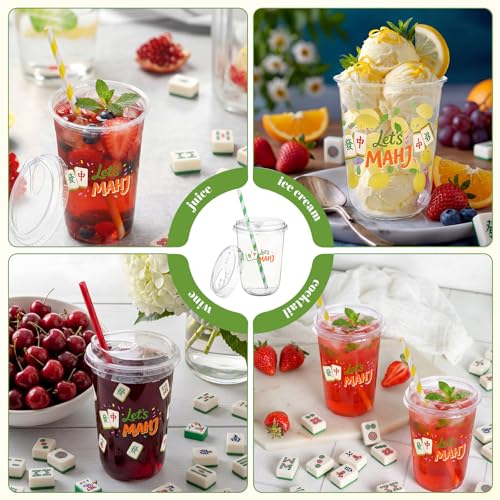LemonRoad Mahj Cup with Lid & Straw, 50 Pack 16 oz Disposable Plastic Cup | 50 Mahj 16 oz Cups with Lids & Straws. Iced Coffee, Lemonade, Bubble Tea & Game Night Parties.