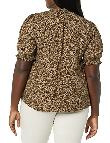 Amazon Essentials Camisa en Sarga Fluida con Manga Corta Abullonada y Detalle Fruncido Mujer, Camel Micro Guepardo, L