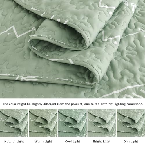 Image of Andency Sage Green Quilts Queen Size, 3 Pieces Queen Quilt Bedding Set Boho Lightweight Soft Striped Bedspread for All Season (90 inchx96 inch), Printed Bohemian Polyester Reversible Coverlet Comoforter Sets