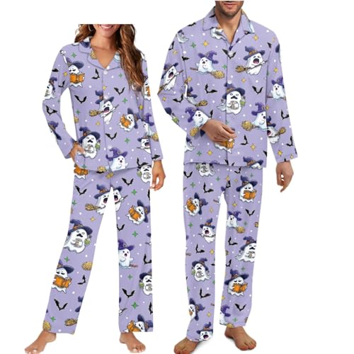 Halloween Pjs Couple Set Men Halloween Pajamas Lounge Wear Ghost Pajamas Mens Long Sleeve Pajama Set Button Down Lounge Sets Couple Matching Outfits