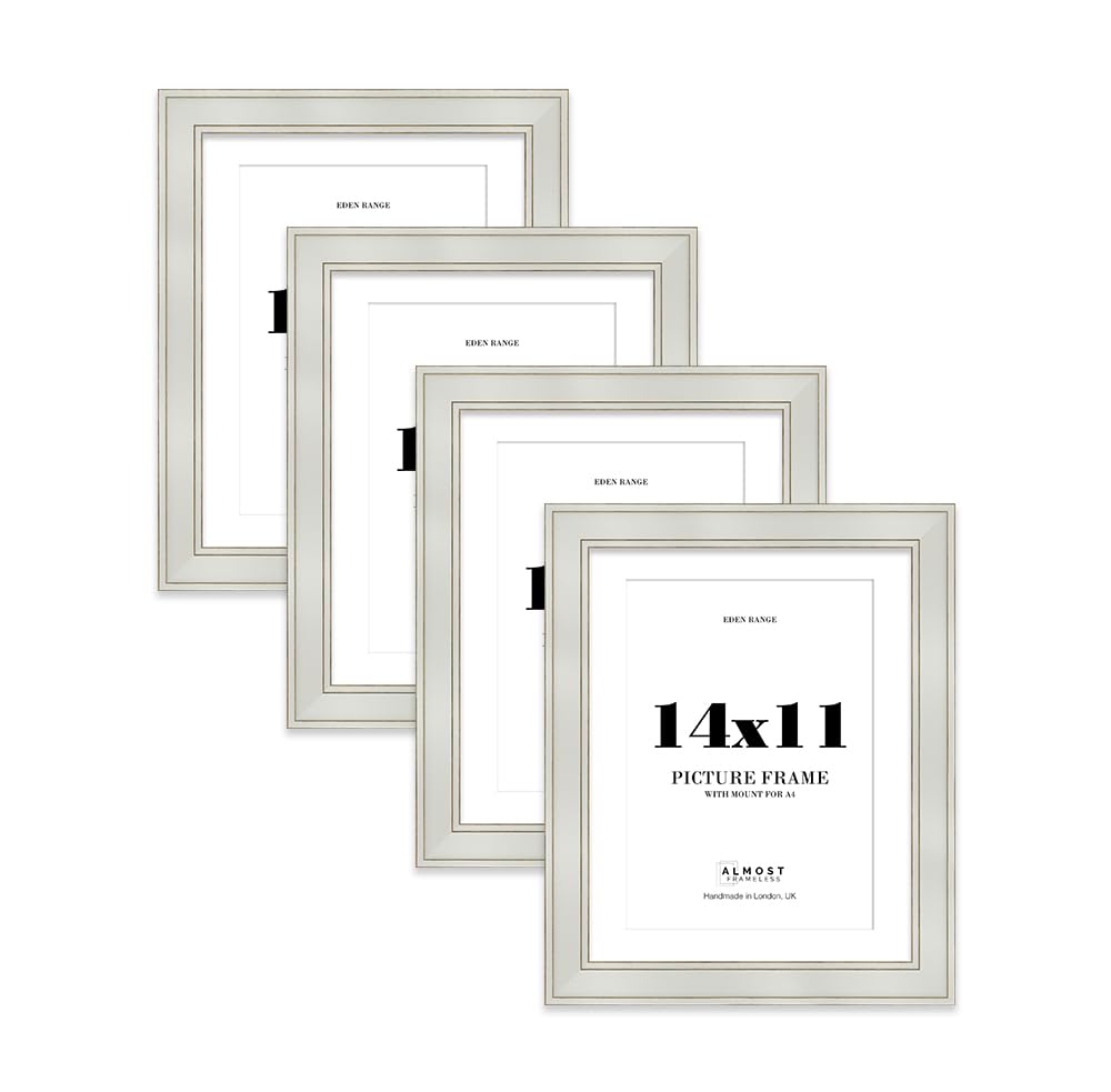 14x11" Light Grey Picture Frame with A4 Mount - Shabby Chic Photo Frame with Distressed Finish, Gold Trim, Wall Hooks and Kickstand, 37mm Edge - 4 Pack