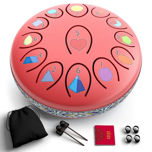 Image of REGIS Rain Drum for Outside Garden, 6.8 Inches 13 Notes Steel Tongue Drum, Waterproof Meditation Rain Chime, UV-Printed Notes & Geometric Design, with Bag, Mallets & Music Book(red)