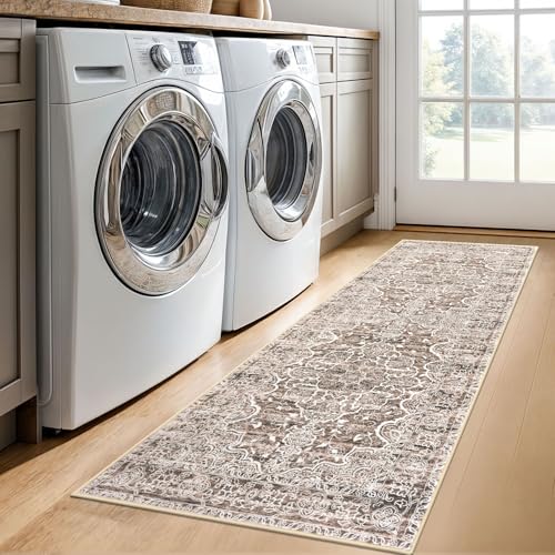 KUTA Vintage Washable Runner Rug, 2x6 Brown Runners for Hallways Non-Slip Floral Kitchen Rugs Ultra Soft Printed Distressed Floor Carpet for Laundry Bedroom Living Room Nursery