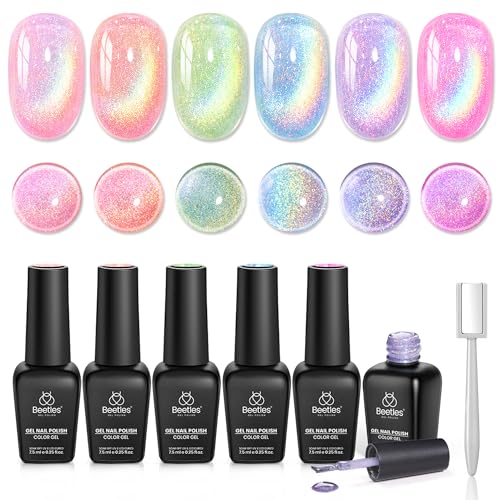 Image of Beetles Cat Eye Gel Nail Polish Set, 6 Colors Rainbow Cat Eye Gel | Pink Blue Green Purple Orange Magnet Soak Off UV Iridescent Halo Collection Salon Nail Art Manicure Gift for Women