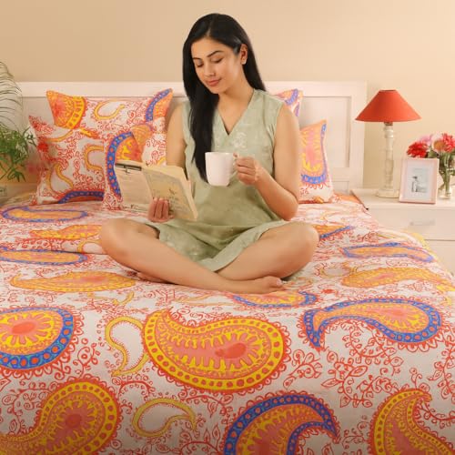 Image of Swayam Pure Cotton Double Bedsheet with 2 Pillow Covers | Size 90 x 100 inch | 160 TC | Ethnic Motifs Design | Soft Breathable Bed Sheet | Comfortable & Durable for Bedroom - Yellow & Orange