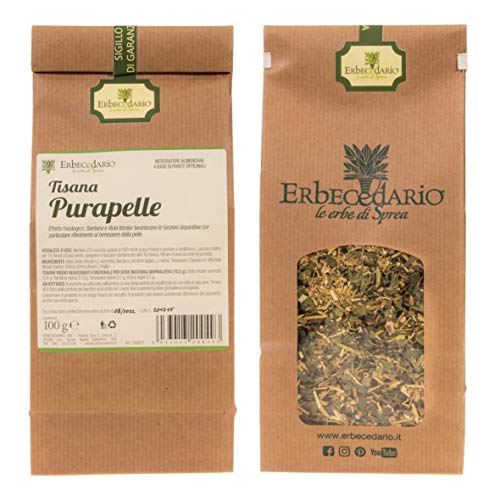 Erbecedario - Purapelle Tisana depurativa da scorie e tossine per la pelle, diuretica e rimineralizzante. Tisana detox fegato al tarassaco. Tisana drenante. Tisana fredda, 1 Sacchetto 100g