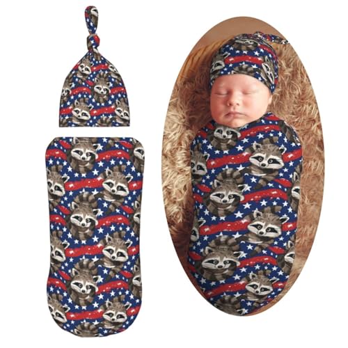 Image of Funny Raccoons with American Flag Newborn Swaddle Blankets Hat Sets Soft Baby Receiving Blanket Swaddle Sack for Baby Shower Infant Boy Girl Gift