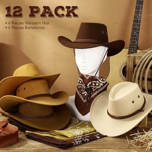 Image of Zhanmai 12 Pcs Cowboy Hat and Bandana Cowboy Cowgirl Hats Bulk Western Party Costume Halloween Accessory