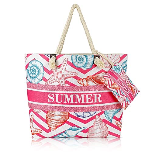TeklemonBolso de Viaje, Bolsa de Playa Lona Grande XXL Mujer, Bolso Tela de Mano Familiar con Bolsillos, Gran Bolso Tote con Cremallera, Bolsa de Hombro con Cuerda de Algodón