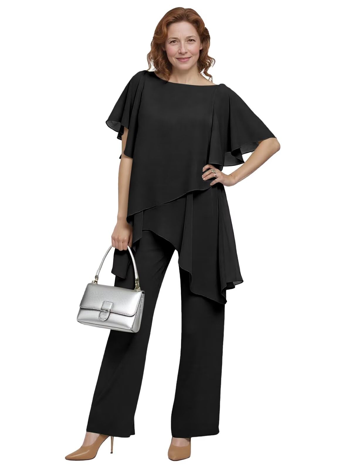 2 Piece Mother of Bride Pant Suits for Wedding Chiffon Short Sleeves Women Tiered Ruffles Formal Dressy Outfits