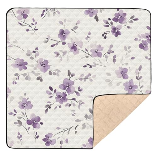 BOESI Watercolor Purple Flower Pattern Baby Play Mat, 50“ X 50” Washable Folding Crawling Mat, Baby Floor Mat, Soft, Thick, Non-Slip