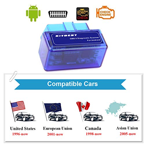 Kitbest Bluetooth OBD2 Scanner Mini OBD Car Diagnostic Code Reader for Android & Windows, Check Engine Light Scan Reader. Supports Torque Pro & Lite, OBD Fusion, DashCommand