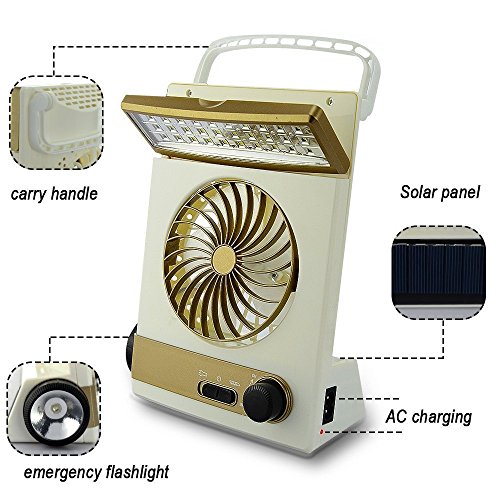 Ansee Solar Fan Camping Fan Cooling Table Fans 3 In 1 Multi-Function With Eye-Care Led Table Lamp Flashlight Torch Solar Panel Adaptor Plug For Home Use Camping (Golden) #TOP1