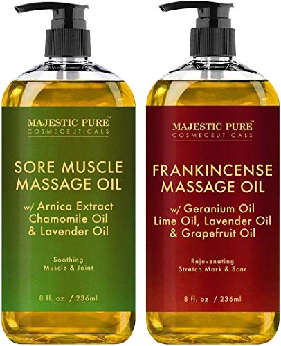 Majestic Pure Sore Muscle Massage Oil and Frankincense Massage Oil Bundle  8 fl oz Each