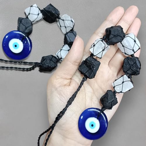 Image of Selenite and Black Tourmaline Evil Eye Hanging for Car Dashboard Decoration | Nazar battu for Home Entrance | Aesthetic Home Decor for Positive Energy & Protection