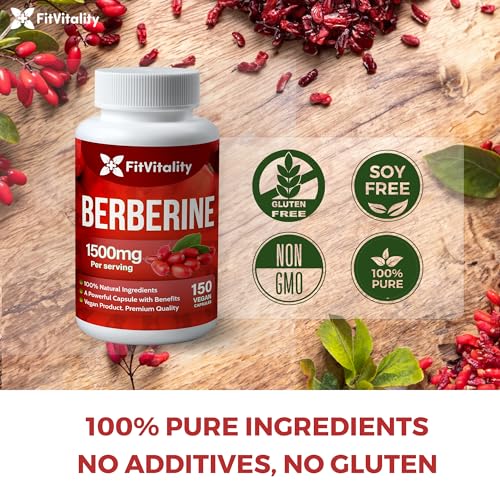 Premium Berberine Supplement, 150 Capsules – 50 Days Supply, 1500mg Berberine Per Serving, Berberine HCI, Made from 100% Pure & Natural Ingredients, Non-GMO, Gluten-Free.