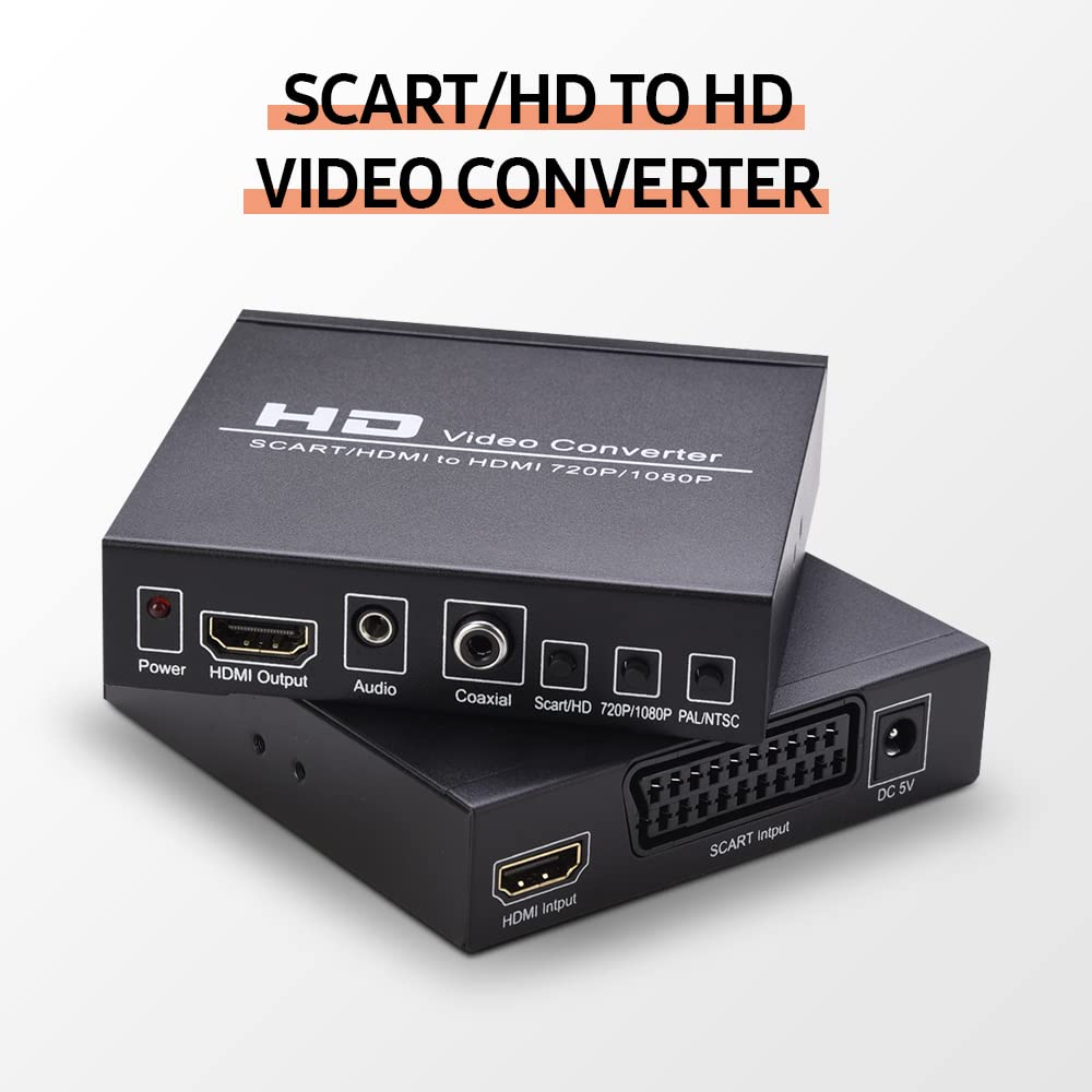 HUIOP Obsługa konwertera wideo SCART / HD na HD przełącznik 720P/1080P przełącznik PAL/NTSC wejście SCART HD 3,5 mm wyjście koncentryczne audio, konwerter wideo