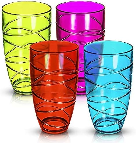 LIVIVO Set of 4 Hi Ball Plastic Acrylic Drink Tumblers with Swirl Design - Stackable Glasses Great for Picnics, BBQs, Poolside, Camping, Childrens Parties or Just Everyday Use (Set of 4, Colour)