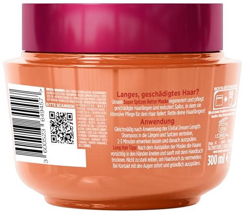 L'Oréal Paris Elvital Anti Spliss Haarmaske für langes, geschädigtes Haar, Intensive Haarkur zum Ausspülen, Mit pflanzlichen Vitaminen und Rizinus-Öl, Dream Length Super Aufbau Maske, 1 x 300 ml